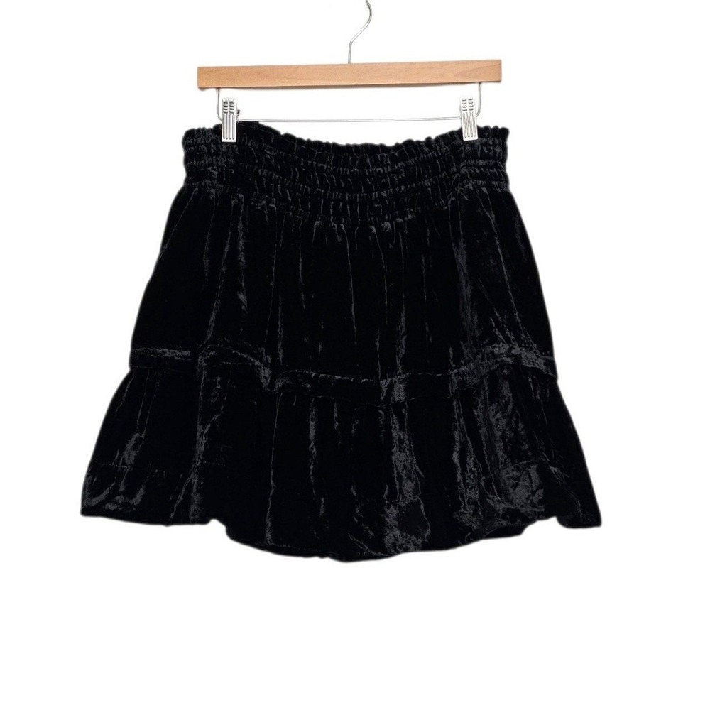 Anthropologie Somerset Black Crushed Velvet Tiered Mini Skirt Smocked Waist XS